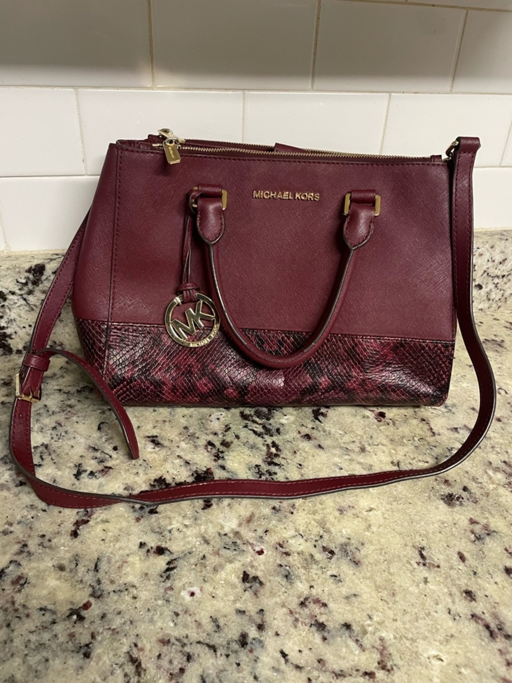 Michael Kors Wine Saffiano Satchel with Snake-Trim Accent purse bag statement